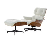 Eames Style Lounge Chair & Ottoman - White Leather, Rosewood Veneer & Chrome Base